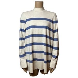 REITMANS White and Blue Striped Costal Oversized Mock Neck Knit Sweater - Size L